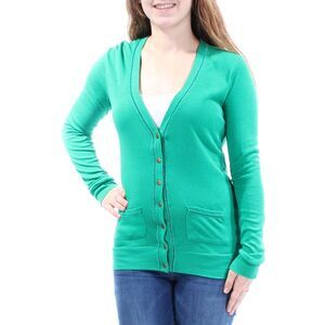 COLOR STORY Womens Green Pocketed Long Sleeve V Neck Sweater Size: M